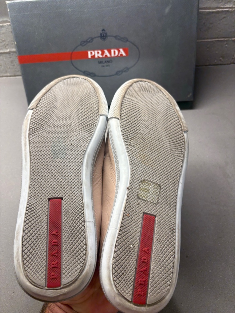 Prada Beige and White Women’s Low-Top Leather Sneakers - Picture 5 of 6